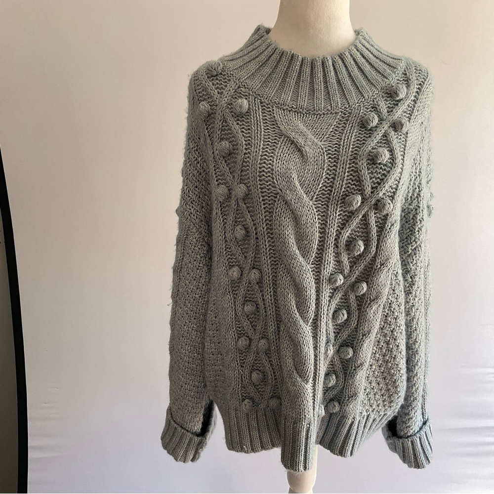 Sarah Campbell Chunky Cable Knit Sweater Blue Cotton Blend Cozy Pullover L - Picture 10 of 16